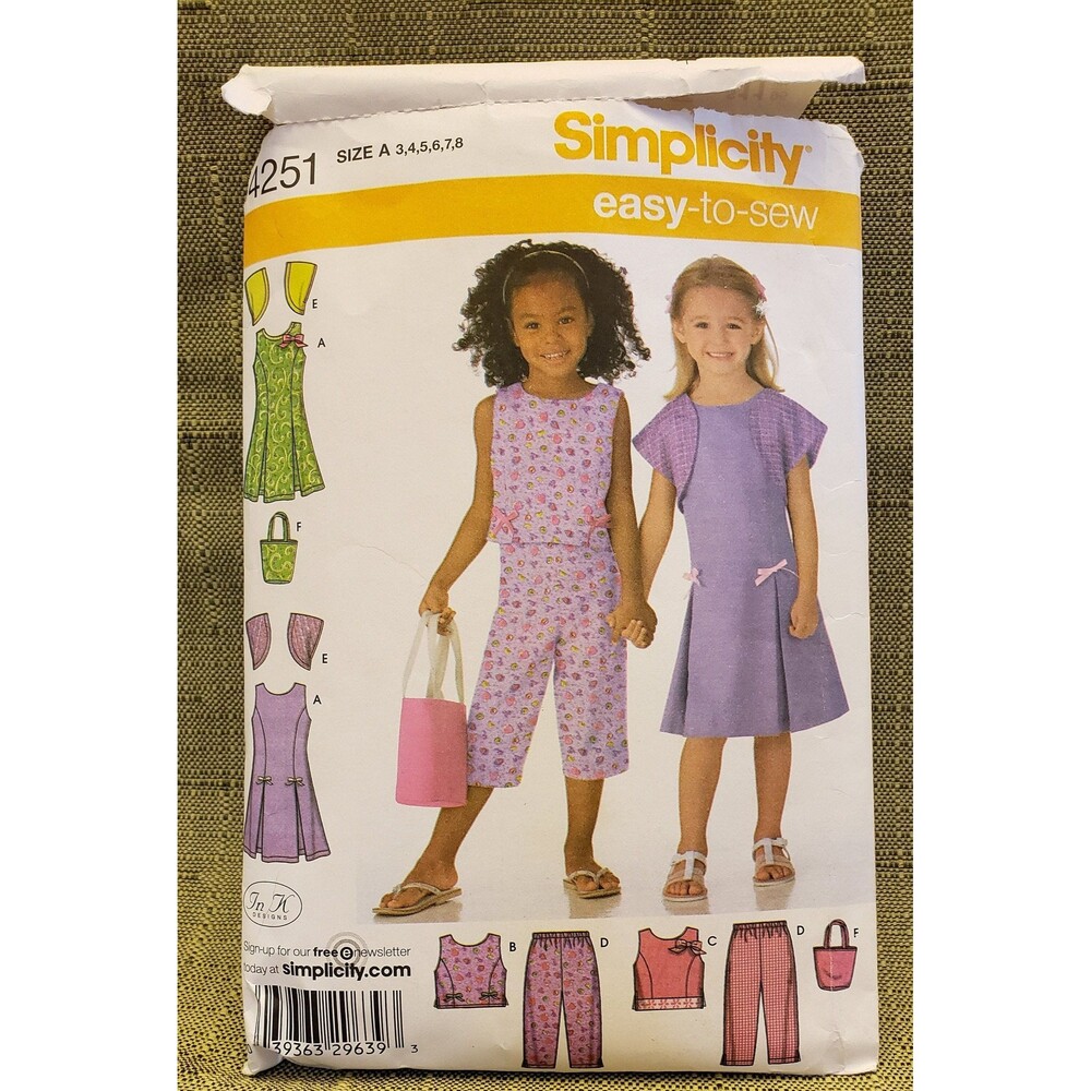 Girls Capri Pants, Dress Or Top, Bolero, Bag Used Sewing Pattern Simplicity 4251